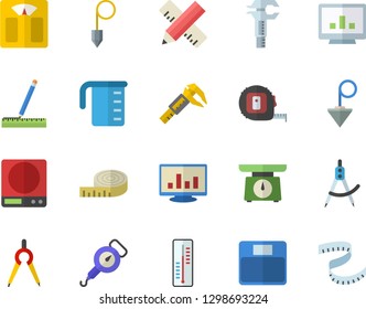 Color flat icon set tape measure flat vector, construction plummet, weighing machine, meashuring cup, spring balance, thermometer, trammel, dividers, computer chart, centimeter