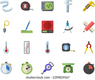 Color flat icon set tape measure flat vector, construction plummet, weighing machine, spring balance, stopwatch, temperature, thermometer, trammel, dividers, oscilloscope, centimeter