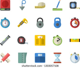 Color flat icon set tape measure flat vector, level meter, construction plummet, weighing machine, meashuring cup, stopwatch, trammel, weight, centimeter, hourglass