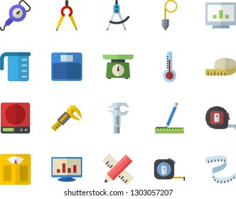 Color flat icon set tape measure flat vector, construction plummet, weighing machine, meashuring cup, spring balance, thermometer, trammel, dividers, computer chart, centimeter