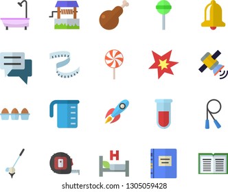 Color flat icon set tape measure flat vector, shower, meashuring cup, egg, chicken, lollipop, well, rocket, chat, blood test, hospital bed, satellit, spark, textbook, centimeter, skipping rope, bell