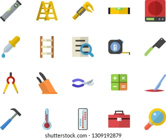 Color flat icon set tape measure flat vector, tool bag, ladder, level meter, hammer, weighing machine, knives, thermometer, secateurs, trammel, dividers, calculator, pipette, scalpel, magnifier