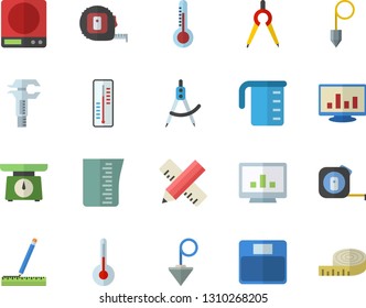 Color flat icon set tape measure flat vector, construction plummet, weighing machine, meashuring cup, temperature, thermometer, dividers, trammel, computer chart, centimeter