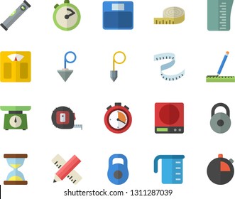 Color flat icon set tape measure flat vector, level meter, construction plummet, weighing machine, meashuring cup, stopwatch, weight, centimeter, hourglass