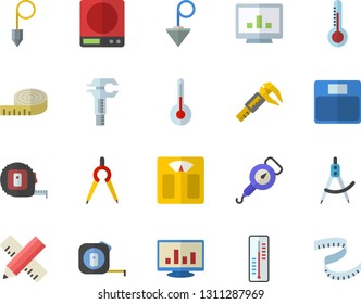 Color flat icon set tape measure flat vector, construction plummet, weighing machine, spring balance, temperature, thermometer, trammel, dividers, computer chart, centimeter