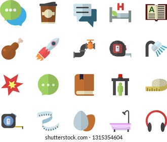 Color flat icon set tape measure flat vector, shower, egg, chicken, coffe, main pipeline, rocket, chat, hospital bed, spark, textbook, centimeter, control gate fector, book, headset