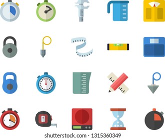 Color flat icon set tape measure flat vector, level meter, construction plummet, weighing machine, meashuring cup, stopwatch, trammel, weight, centimeter, hourglass