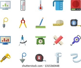 Color flat icon set tape measure flat vector, construction plummet, weighing machine, meashuring cup, spring balance, temperature, thermometer, trammel, dividers, computer chart, centimeter