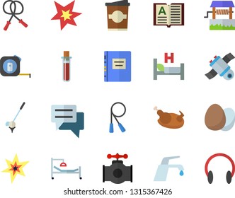 Color flat icon set tape measure flat vector, faucet, egg, chicken, coffe, well, main pipeline, chat, blood test, hospital bed, satellit, spark, textbook, skipping rope, golf fector, book, headset