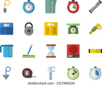 Color flat icon set tape measure flat vector, level meter, construction plummet, weighing machine, meashuring cup, stopwatch, trammel, weight, hourglass