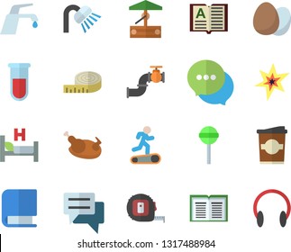 Color flat icon set tape measure flat vector, shower, faucet, egg, chicken, lollipop, coffe, well, main pipeline, chat, blood test, hospital bed, book, spark, centimeter, Treadmill, headset
