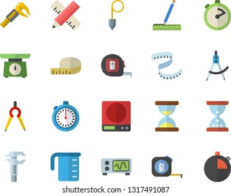 Color flat icon set tape measure flat vector, construction plummet, weighing machine, meashuring cup, stopwatch, trammel, dividers, oscilloscope, centimeter, hourglass