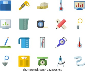 Color flat icon set tape measure flat vector, construction plummet, weighing machine, meashuring cup, spring balance, temperature, thermometer, trammel, dividers, computer chart, centimeter