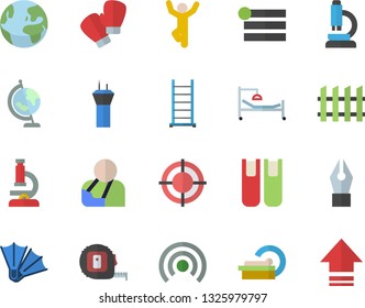 Color flat icon set tape measure flat vector, ladder, fence, hospital bed, injury, tomograph, ink pen, target, book, microscope, globe, boxing gloves, gymnastics, earth fector, airport tower, menu
