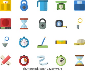 Color flat icon set tape measure flat vector, level meter, construction plummet, weighing machine, meashuring cup, stopwatch, weight, centimeter, hourglass