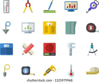 Color flat icon set tape measure flat vector, construction plummet, weighing machine, meashuring cup, spring balance, temperature, thermometer, trammel, dividers, computer chart, centimeter