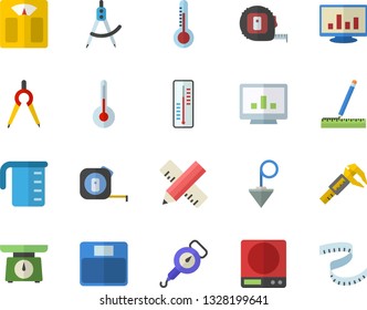 Color flat icon set tape measure flat vector, construction plummet, weighing machine, meashuring cup, spring balance, temperature, thermometer, trammel, dividers, computer chart, centimeter