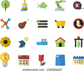 Color flat icon set tape measure flat vector, cutting board, ham, fish, tree, flower, paint brush, tulip, solar battery, grocery trolley, idea, embryo, molecules, industrial robot, pool, house, menu