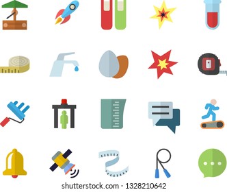Color flat icon set tape measure flat vector, paint roller, faucet, meashuring cup, egg, well, rocket, chat, blood test, book, satellit, spark, centimeter, skipping rope, Treadmill, bell