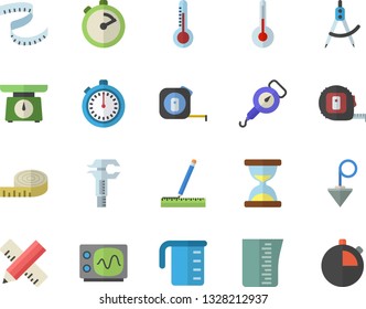 Color flat icon set tape measure flat vector, construction plummet, weighing machine, meashuring cup, spring balance, stopwatch, temperature, thermometer, dividers, trammel, oscilloscope, centimeter
