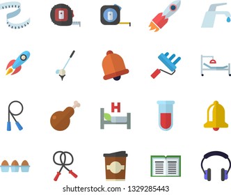 Color flat icon set tape measure flat vector, paint roller, faucet, egg, chicken, coffe, rocket, blood test, hospital bed, centimeter, skipping rope, golf fector, bell, book, headset