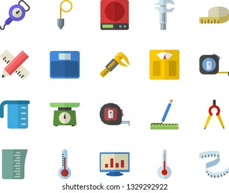 Color flat icon set tape measure flat vector, construction plummet, weighing machine, meashuring cup, spring balance, temperature, thermometer, trammel, dividers, computer chart, centimeter