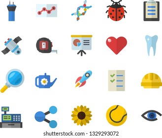 Color flat icon set tape measure flat vector, hard hat, flower, ladybird, watering can, magnifier, rocket, molecules, cash machine, DNA, tooth, clipboard, point diagram, to do list, satellit, heart