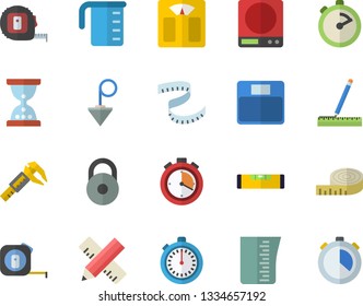 Color flat icon set tape measure flat vector, level meter, construction plummet, weighing machine, meashuring cup, stopwatch, trammel, weight, centimeter, hourglass