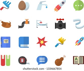 Color flat icon set tape measure flat vector, paint roller, faucet, egg, chicken, main pipeline, rocket, hospital bed, book, spark, textbook, centimeter, chat