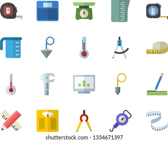 Color flat icon set tape measure flat vector, construction plummet, weighing machine, meashuring cup, spring balance, temperature, thermometer, dividers, trammel, computer chart, centimeter