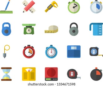 Color flat icon set tape measure flat vector, construction plummet, weighing machine, meashuring cup, stopwatch, trammel, weight, centimeter, hourglass