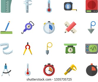 Color flat icon set tape measure flat vector, construction plummet, weighing machine, meashuring cup, spring balance, temperature, thermometer, trammel, dividers, oscilloscope, centimeter, stopwatch