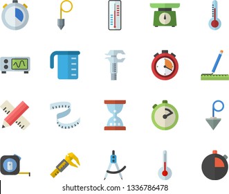 Color flat icon set tape measure flat vector, construction plummet, weighing machine, meashuring cup, stopwatch, temperature, thermometer, trammel, dividers, oscilloscope, centimeter, hourglass