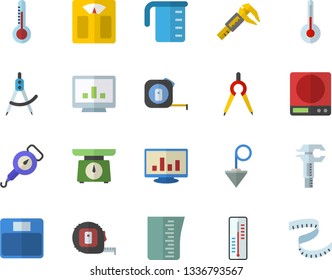 Color flat icon set tape measure flat vector, construction plummet, weighing machine, meashuring cup, spring balance, temperature, thermometer, trammel, dividers, computer chart, centimeter