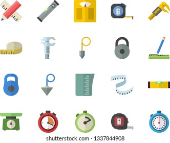 Color flat icon set tape measure flat vector, level meter, construction plummet, weighing machine, meashuring cup, stopwatch, trammel, weight, centimeter