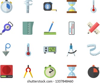 Color flat icon set tape measure flat vector, construction plummet, weighing machine, meashuring cup, spring balance, stopwatch, temperature, thermometer, dividers, trammel, oscilloscope, centimeter