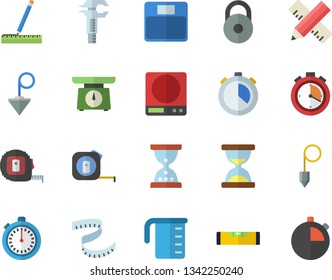 Color flat icon set tape measure flat vector, level meter, construction plummet, weighing machine, meashuring cup, trammel, weight, centimeter, stopwatch, hourglass