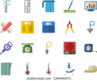 Color flat icon set tape measure flat vector, construction plummet, weighing machine, meashuring cup, spring balance, temperature, thermometer, dividers, trammel, computer chart, centimeter