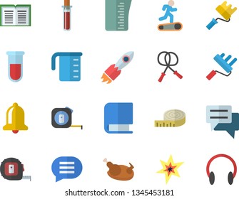 Color flat icon set tape measure flat vector, paint roller, meashuring cup, chicken, rocket, chat, blood test, book, spark, centimeter, skipping rope, Treadmill, bell, headset