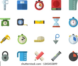 Color flat icon set tape measure flat vector, level meter, construction plummet, weighing machine, meashuring cup, stopwatch, trammel, weight, centimeter, hourglass