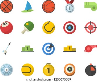 Color flat icon set target flat vector, medal, pedestal, whistle, bowling ball, basketball, tennis, table, golf fector, windsurfing, stopwatch