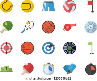 Color flat icon set target flat vector, pedestal, whistle, basketball, volleyball, athletic shorts, sports flag, tennis ball, boxing gloves, table, fector, stopwatch