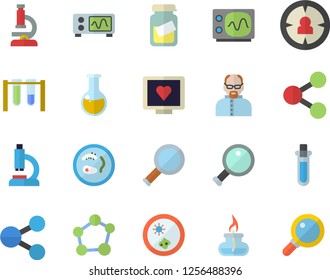 Color flat icon set target audience flat vector, molecules, computer diagnostics of health, microscope, medical analysis, molecule, gas burner, oscilloscope, magnifier, scientist, beakers