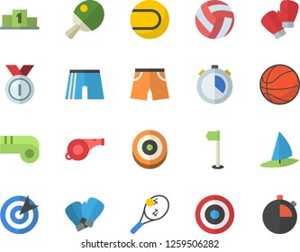 Color flat icon set target flat vector, medal, pedestal, whistle, basketball, volleyball, athletic shorts, sports flag, tennis ball, boxing gloves, table, fector, windsurfing, stopwatch