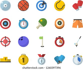 Color flat icon set target flat vector, medal, pedestal, bowling ball, basketball, stopwatch, athletic shorts, sports flag, tennis, boxing gloves, table, golf fector