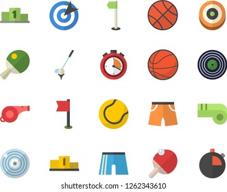 Color flat icon set target flat vector, pedestal, whistle, basketball, stopwatch, athletic shorts, sports flag, tennis ball, table, golf fector