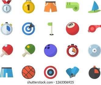 Color flat icon set target flat vector, medal, whistle, bowling ball, basketball, stopwatch, athletic shorts, sports flag, boxing gloves, table tennis, windsurfing fector