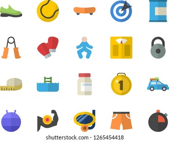 Color flat icon set target flat vector, weight, medal, sneakers, skateboard, weighing machine, centimeter, muscles, vitamins, carpal expander, athletic shorts, tennis ball, fitball, boxing gloves