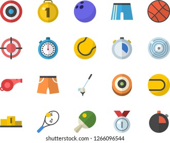 Color flat icon set target flat vector, medal, pedestal, whistle, bowling ball, basketball, stopwatch, athletic shorts, tennis, table, fector, golf