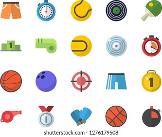Color flat icon set target flat vector, medal, pedestal, whistle, bowling ball, basketball, stopwatch, athletic shorts, tennis, boxing gloves, table